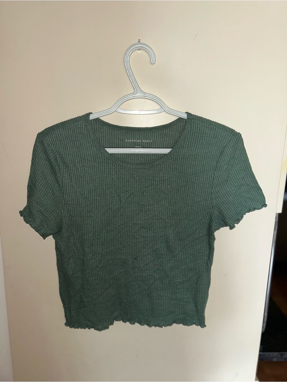 American Eagle Outfitters Olive Ribbed Lettuce-Edge Crop Tee